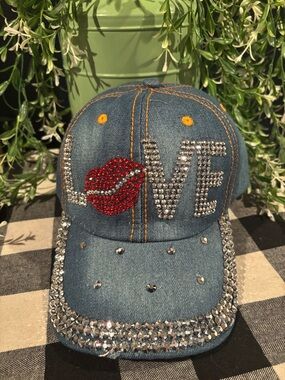 Rhinestone Denim 'LOVE' Cap with Red Lip Detail